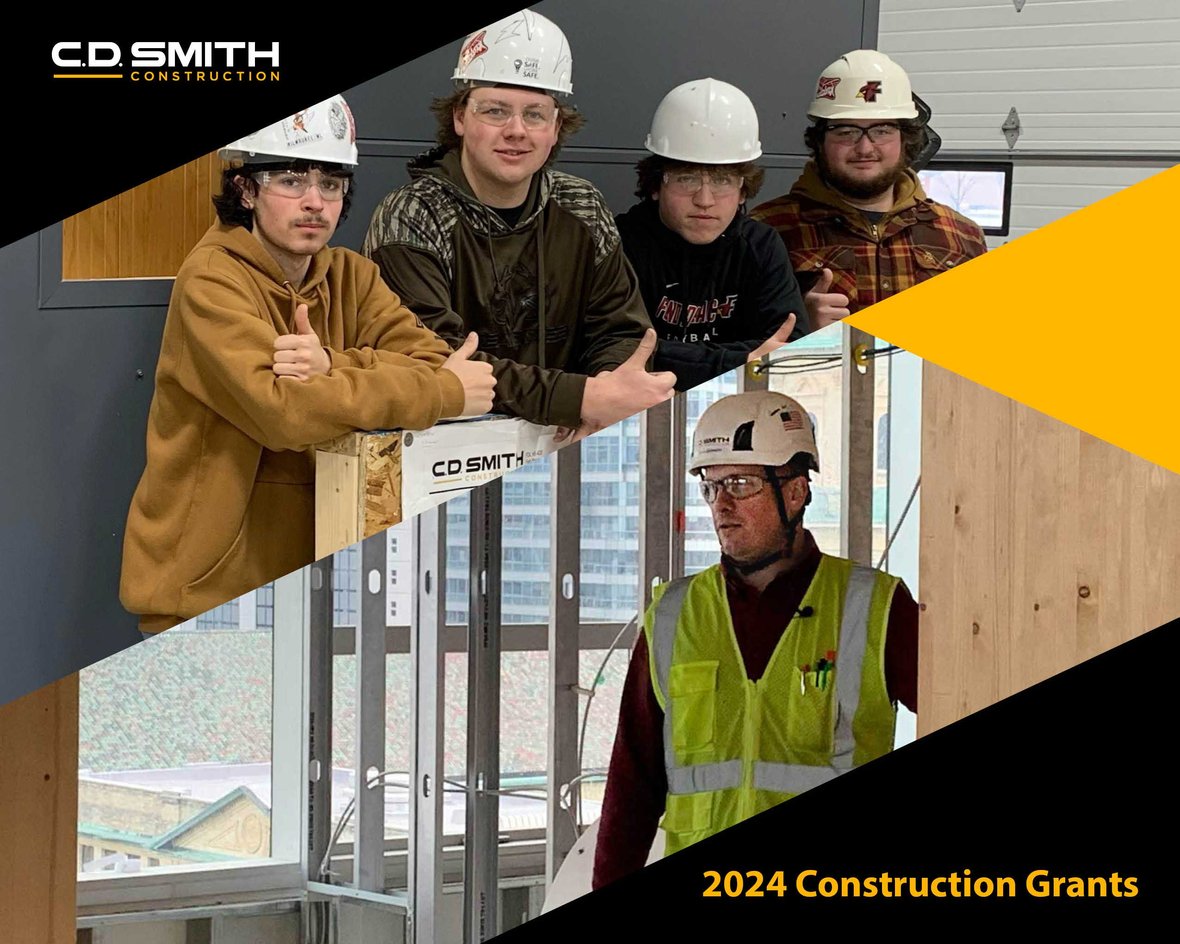 Skilled Trades High School Students and Project Manager on Mass Timber Construction Site with headline for 2024 construction grants