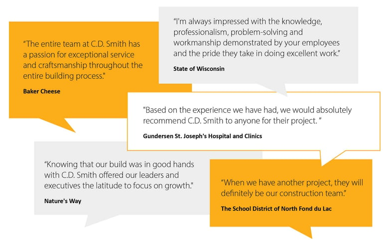 Quote cloud of testimonials from C.D. Smith Construction customers