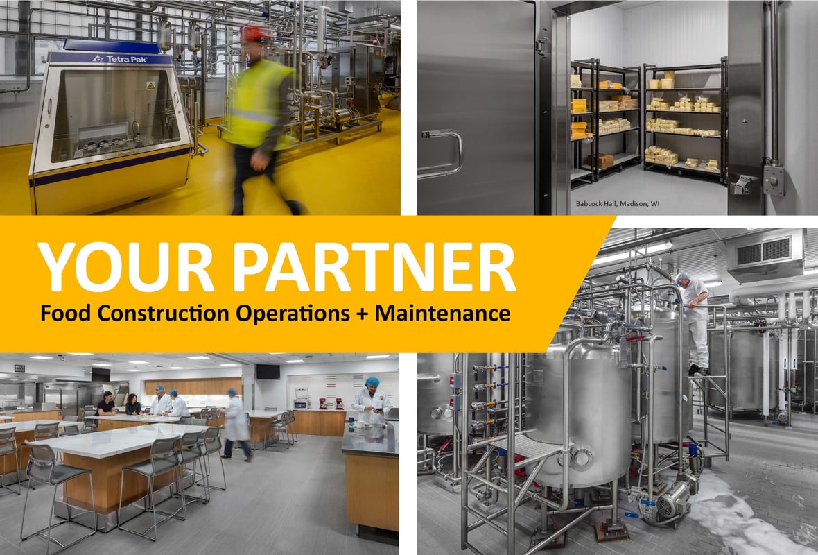 Collage of four images showcasing the completed Babcock Hall Center for Dairy Research with the text 'Your Partner Food Construction Operations + Maintenance.