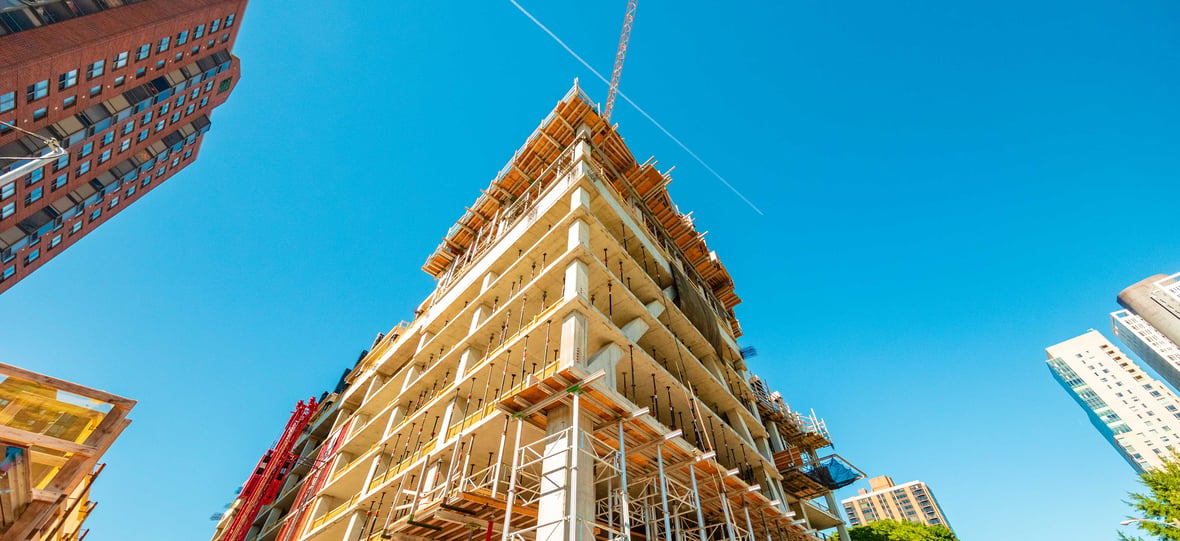 Ascent, the world's tallest hybrid mass timber building, under construction in Milwaukee, WI