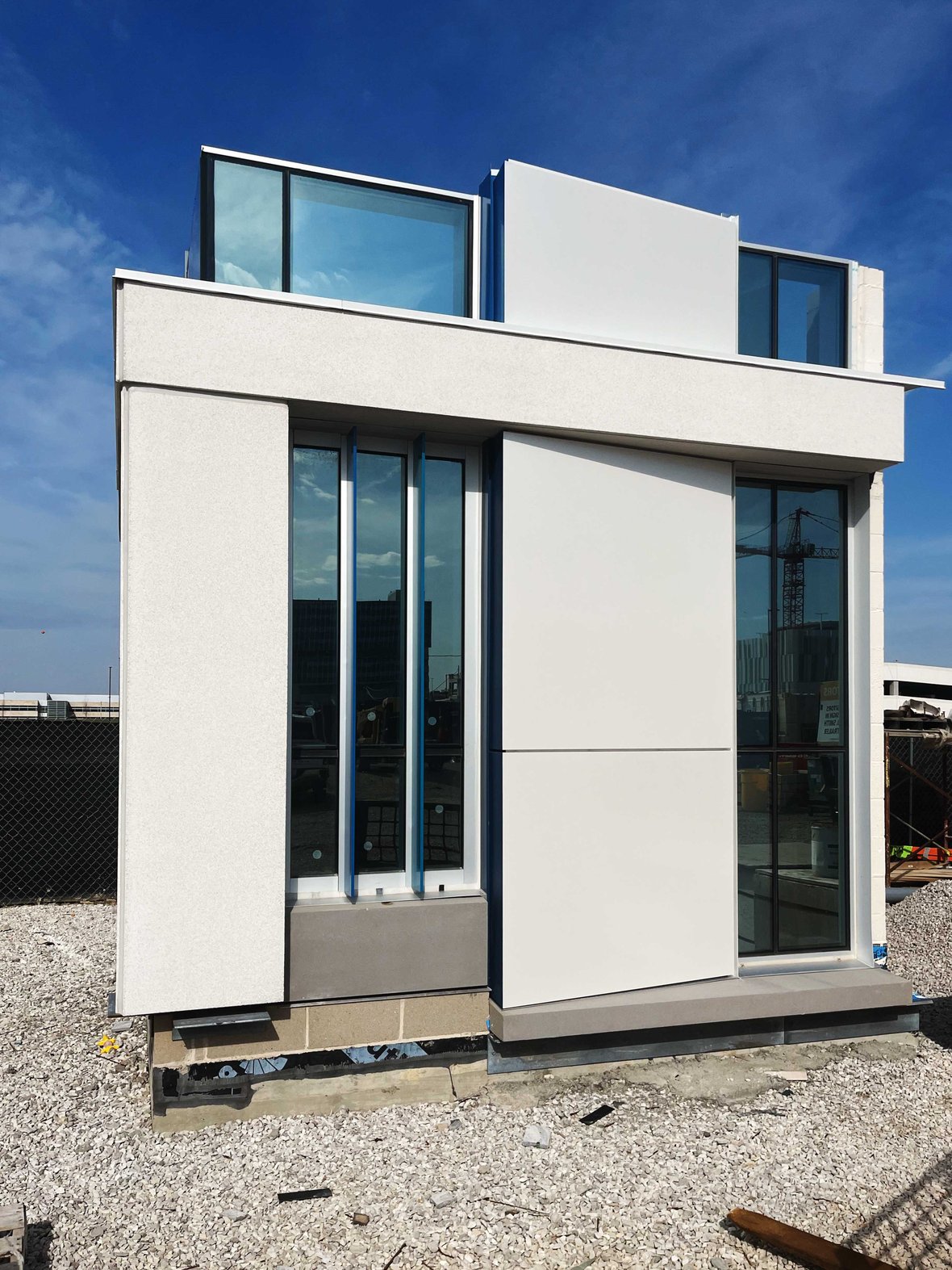 Full-scale mock-up featuring windows and exterior finish built for testing waterproofing and material connections on a GFRC panel installation in Milwaukee Wisconsin with CD Smith Construction