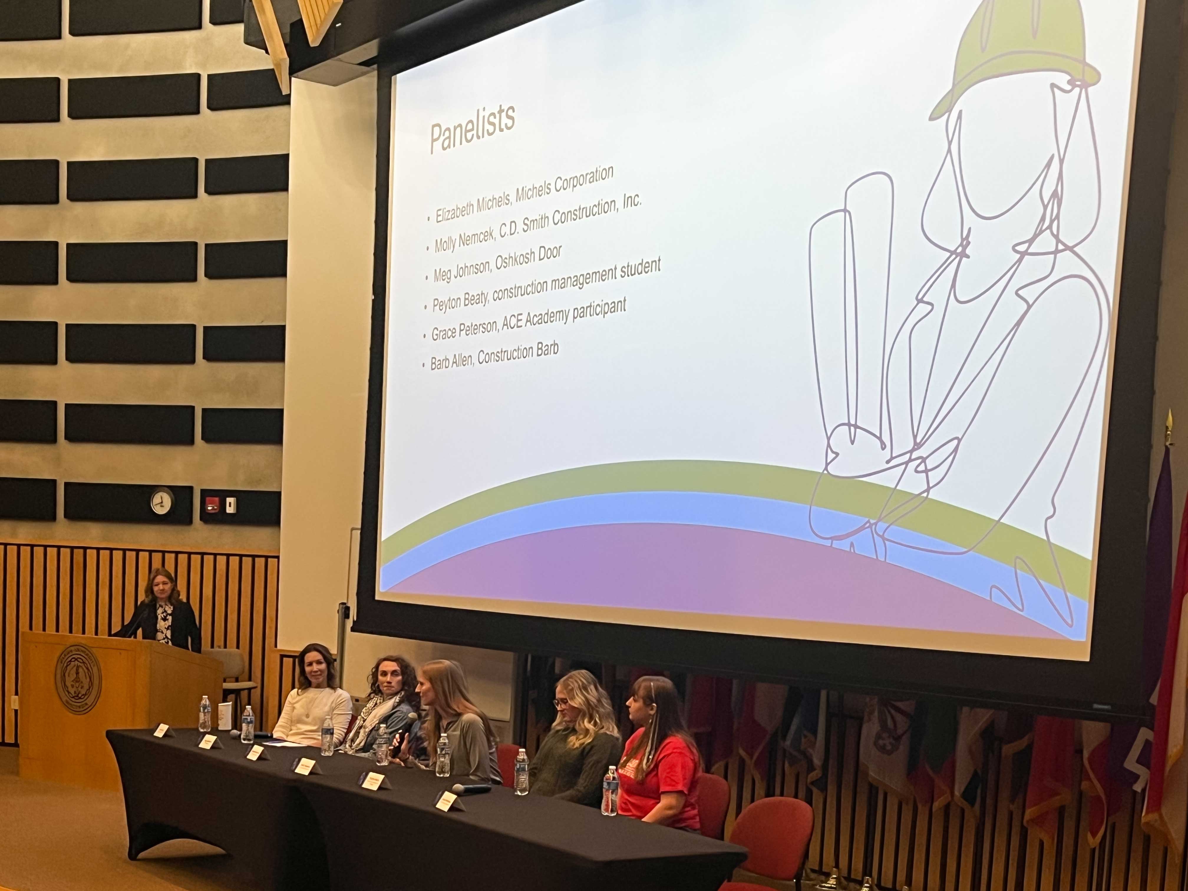 Panel discussion at the Women in Construction event featuring industry professionals and students