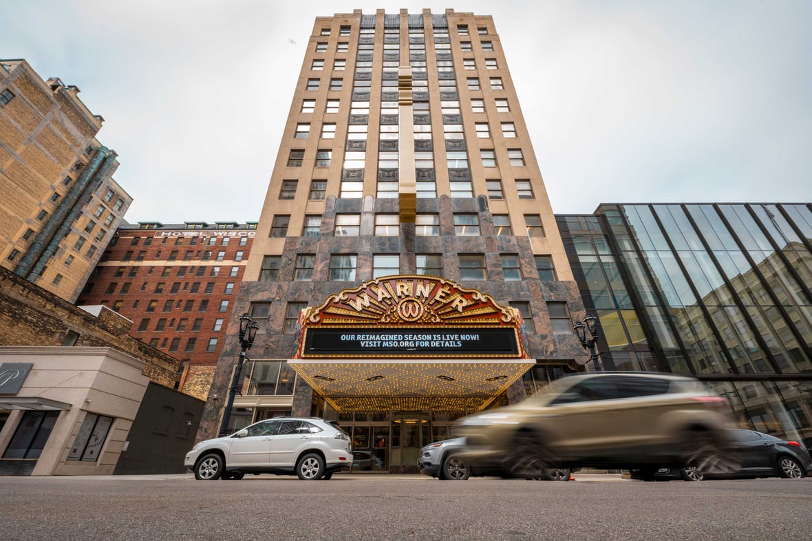Art Deco facade of Milwaukee Symphony Orchestra's Bradley Symphony Center Warner Grand Theater Entrance