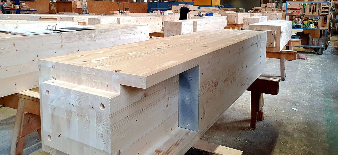Wiehag Timber Construction photos of engineered wood before shipping for the world's tallest mass timber wood building project, Ascent luxury apartments.