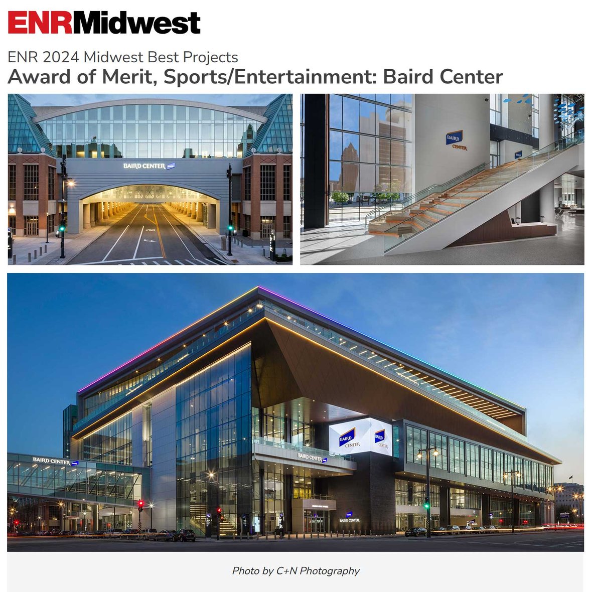 Baird Center street view at dusk in downtown Milwaukee Wisconsin and interior photos for ENR Midwest Awards after project completion by CD Smith Construction
