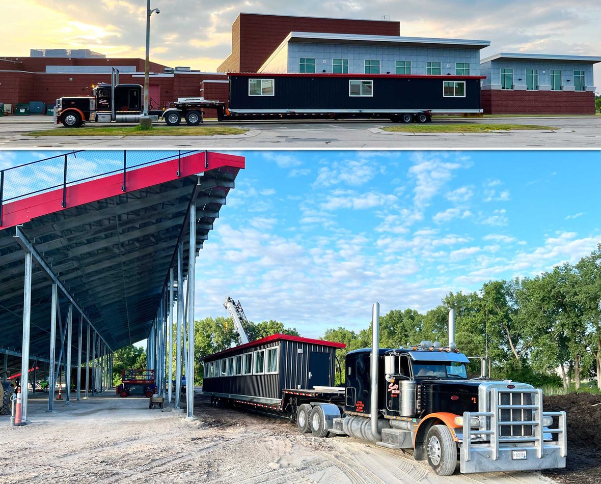 01 Fond du Lac School District Athletic Stadium Construction with CD Smith Press Box Arrival on Truck by School-IMG_1022