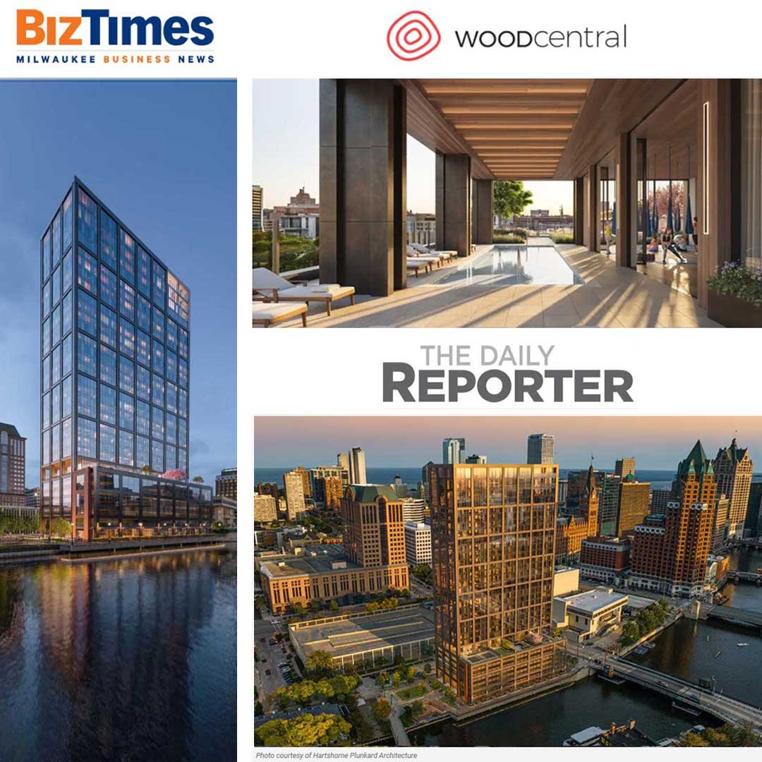 The Edison mass timber building renderings of pool area and exterior along the river in Milwaukee Wisconsin for The Daily Reporter BizTimes WOODcentral articles