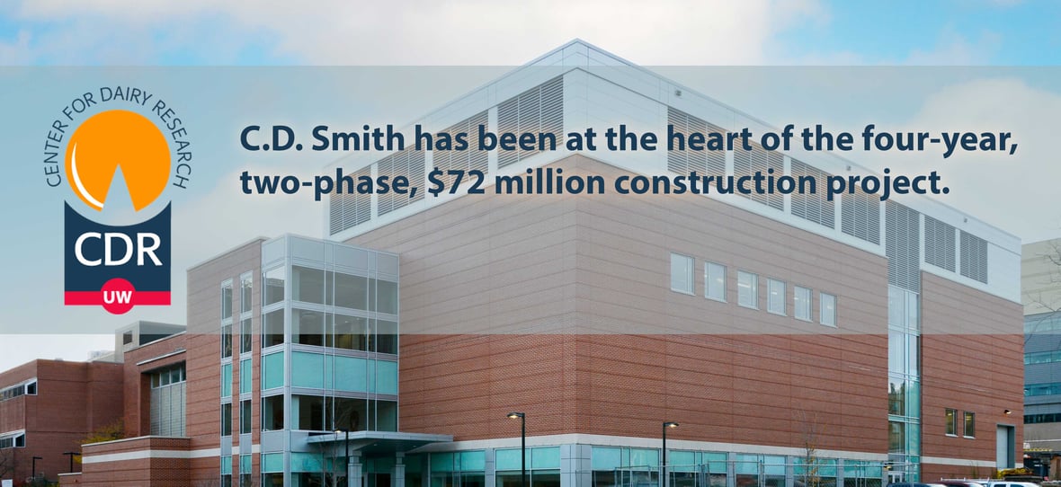 C.D. Smith Construction exterior photograph substantial completion of the addition for the Center for Dairy Research (CDR) at UW-Madison's Babcock Hall