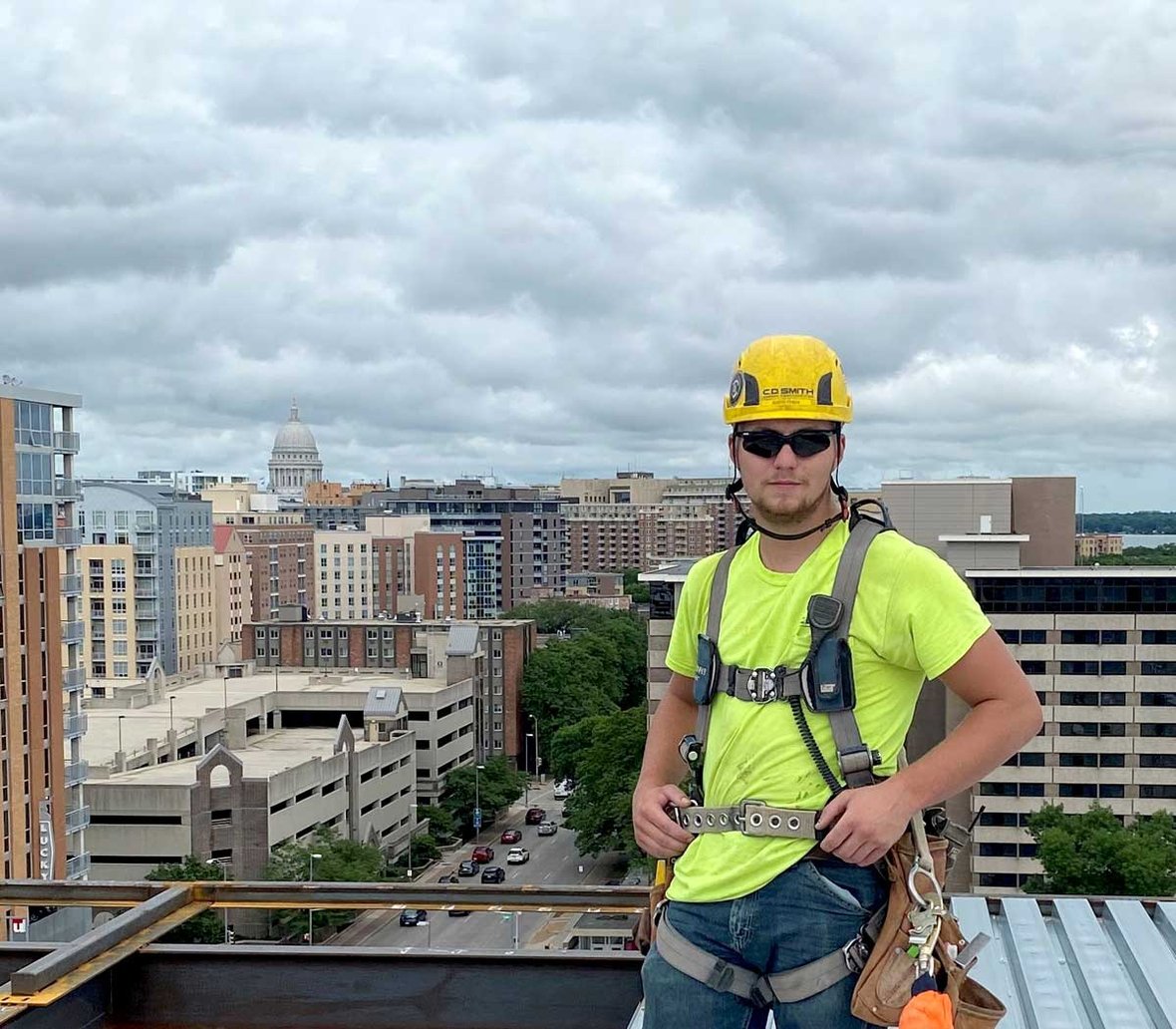 C.D. Smith Construction Carpenter Apprentice Austin Ferch working at UW-Madison Sellery Hall