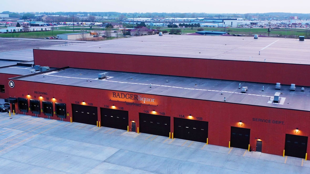 Exterior view from drone of Badger Liquor warehouse distribution center building constructed by C.D. Smith