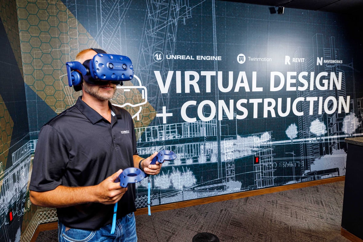 CD Smith Virtual Design + Construction Team Member using VR headset to navigate a collaborative project  model in Wisconsin