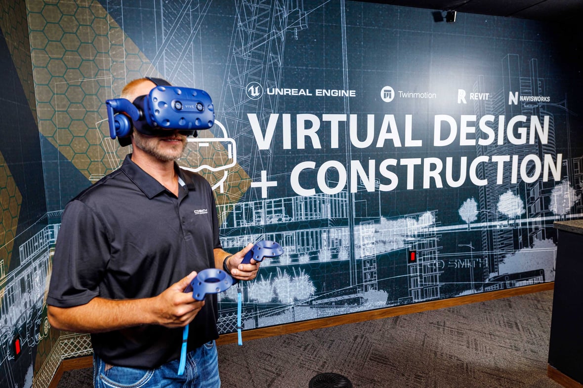 CD Smith Virtual Design + Construction Team Member using VR headset to navigate a collaborative project model in Wisconsin