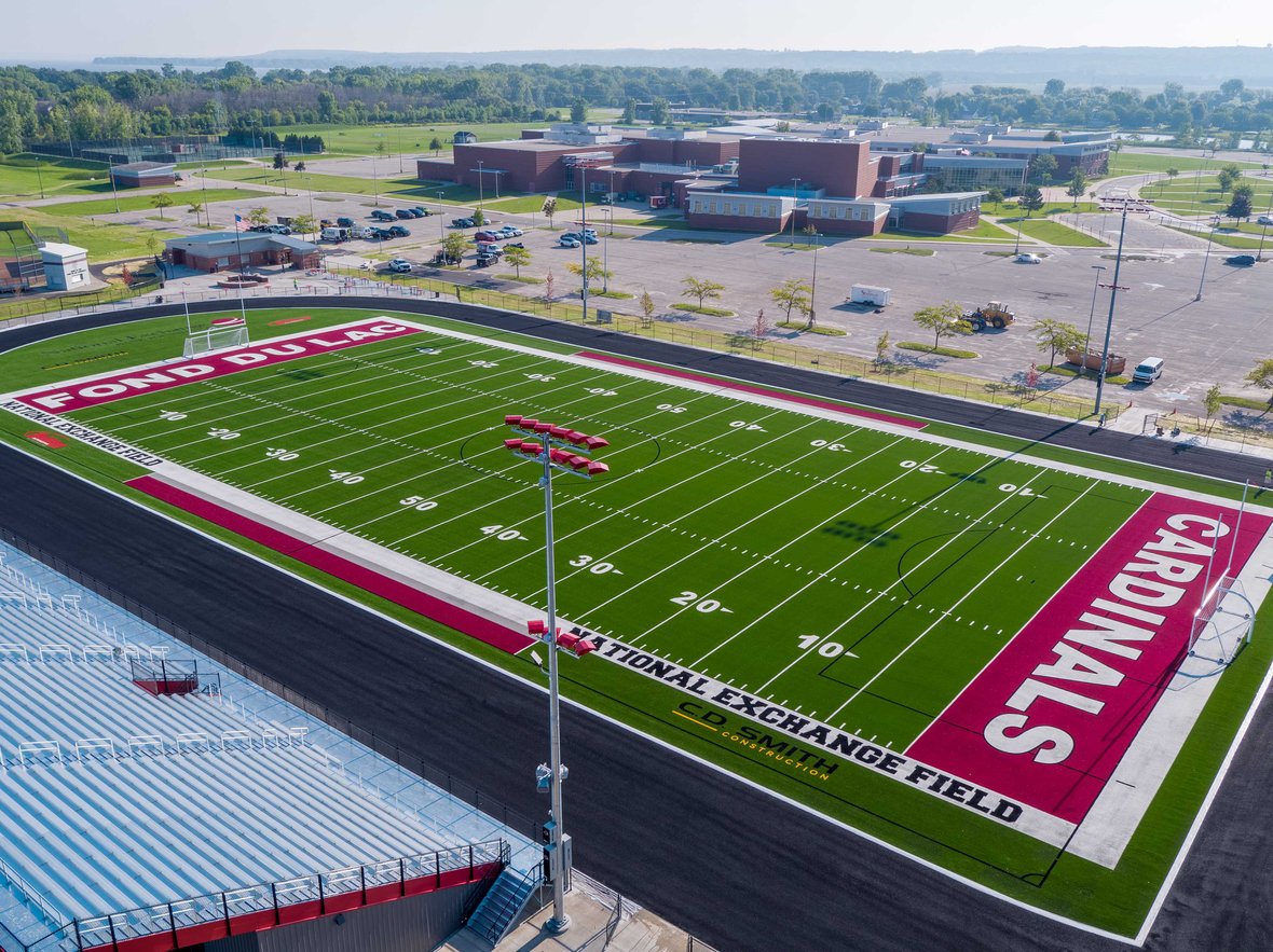 Fond du Lac School District Cardinal Stadium view of field from bleachers built by CD Smith Construction in Wisconsin