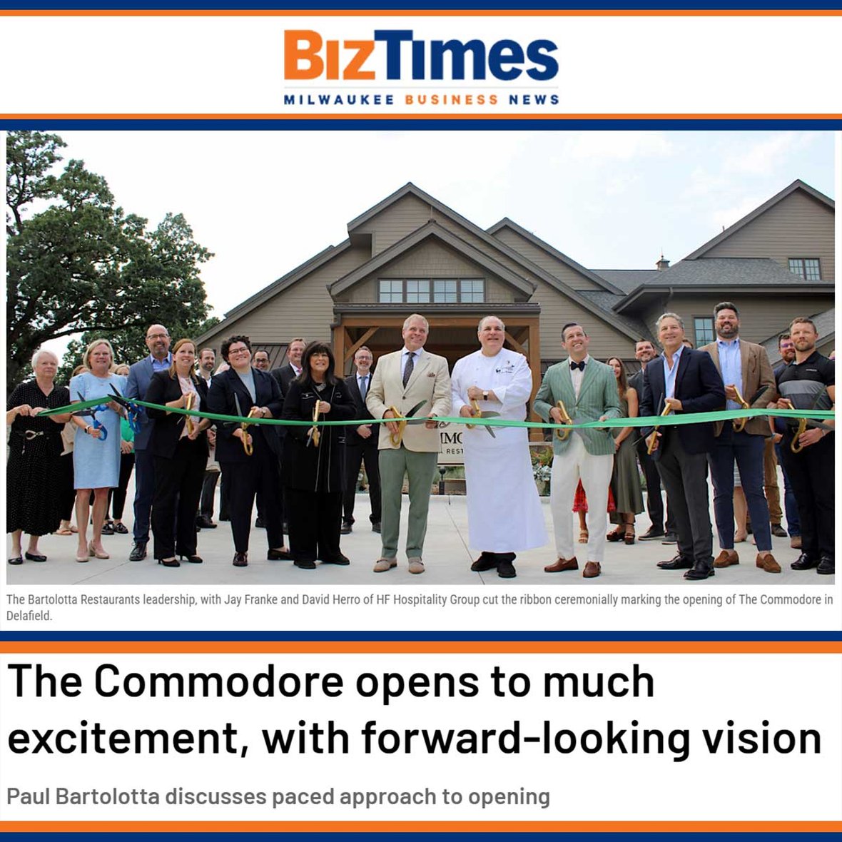 BizTimes article photo of ribbon cutting stakeholder owner team The Commodore Bartolotta Restaurant in Milwaukee Area Wisconsin renovation grand opening CD Smith Construction