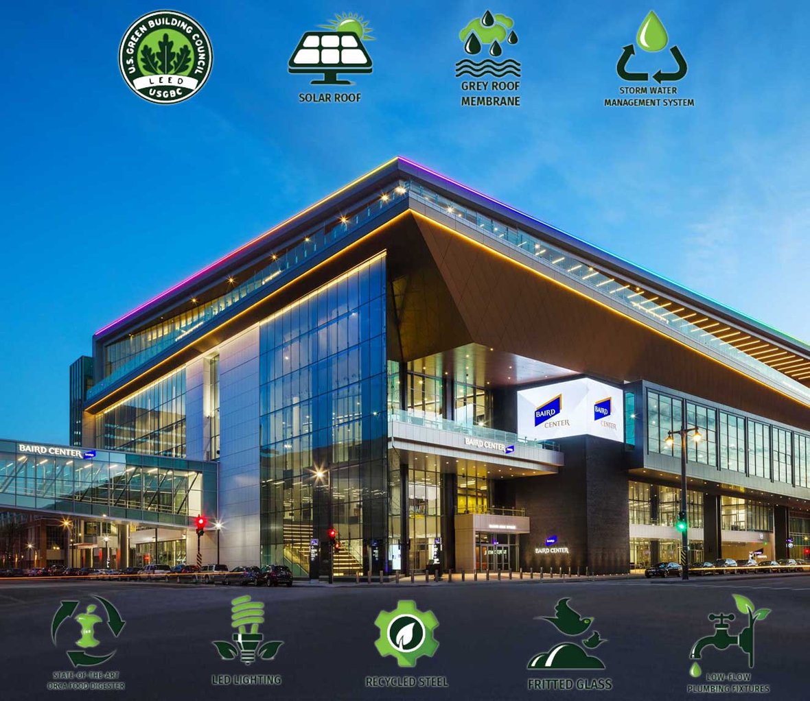 Baird Center street view at dusk in downtown Milwaukee Wisconsin after project completion with overlay of Sustainability Icons by CD Smith Construction