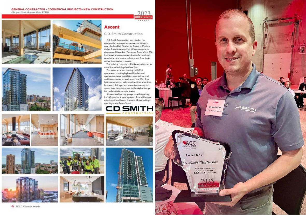 Ascent MKE mass timber building constructed by CD Smith featured in 2023 BUILD Wisconsin Awards American General Contractor magazine and Project Manager holding award