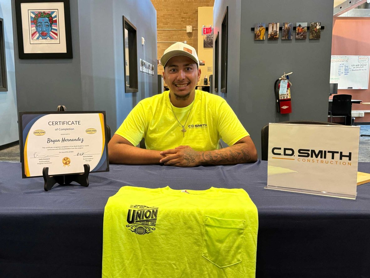 Bryan Hernandez after completing Operation Fresh Start Build Program and signing with C.D. Smith Construction in Wisconsin