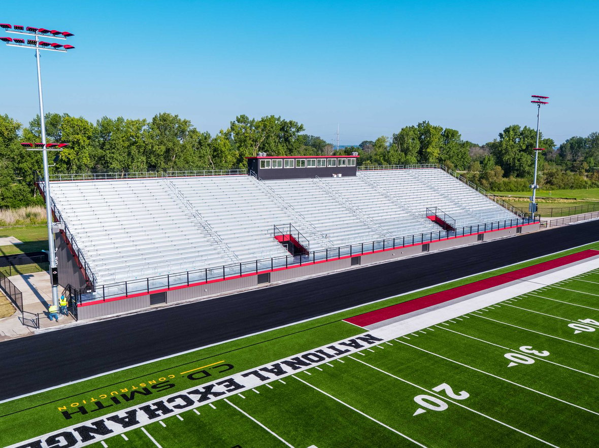 Fond du Lac School District Cardinal Stadium view of home press box and bleachers built by CD Smith Construction in Wisconsin