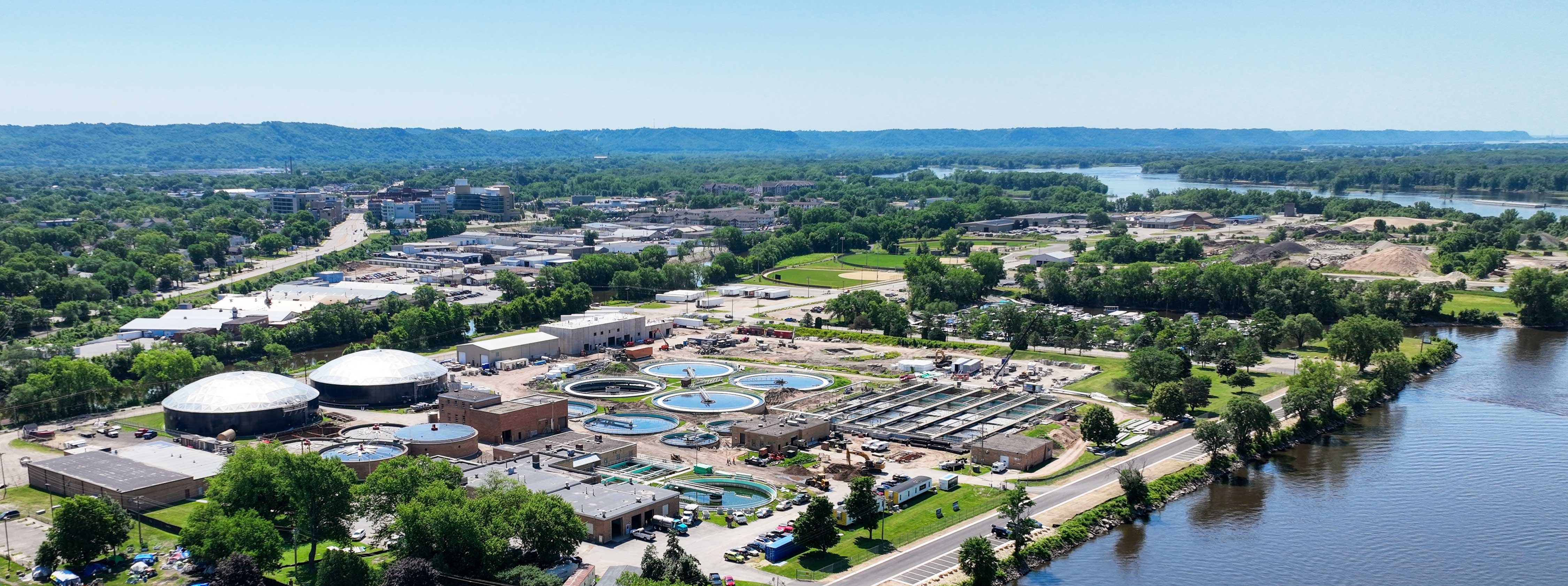 Aerial drone footage of City of La Crosse Wastewater Facility Expansion construction project with C.D. Smith in Wisconsin
