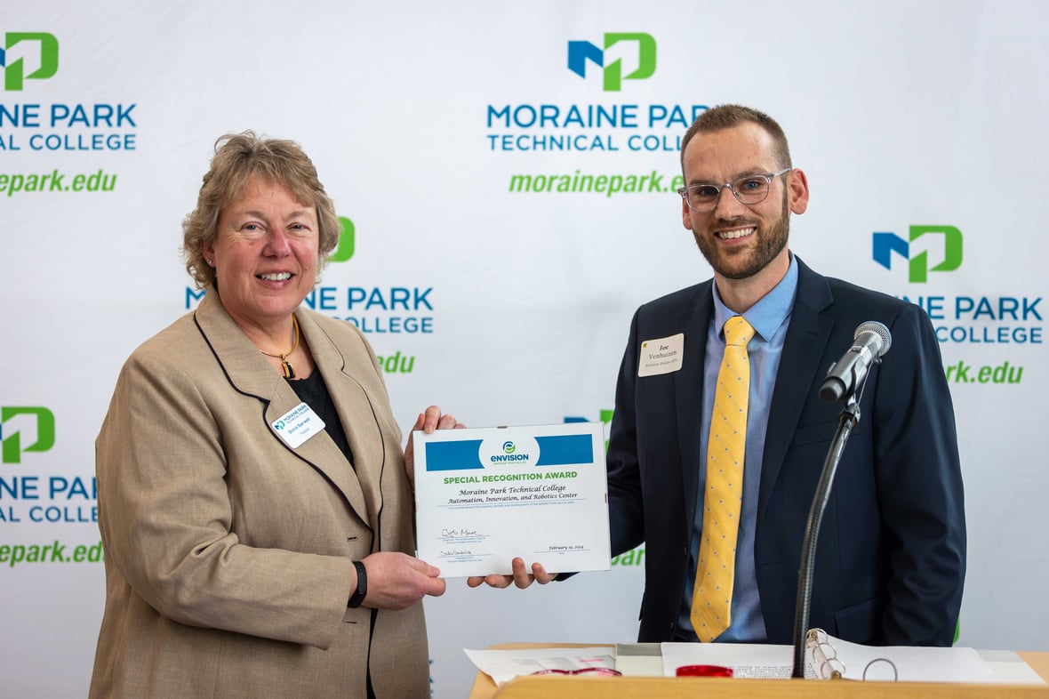 Moraine Park President Bonnie Baerwald with Joe Venhuizen from Envision Greater Fond du Lac at ribbon cutting for AIR Center Construction project