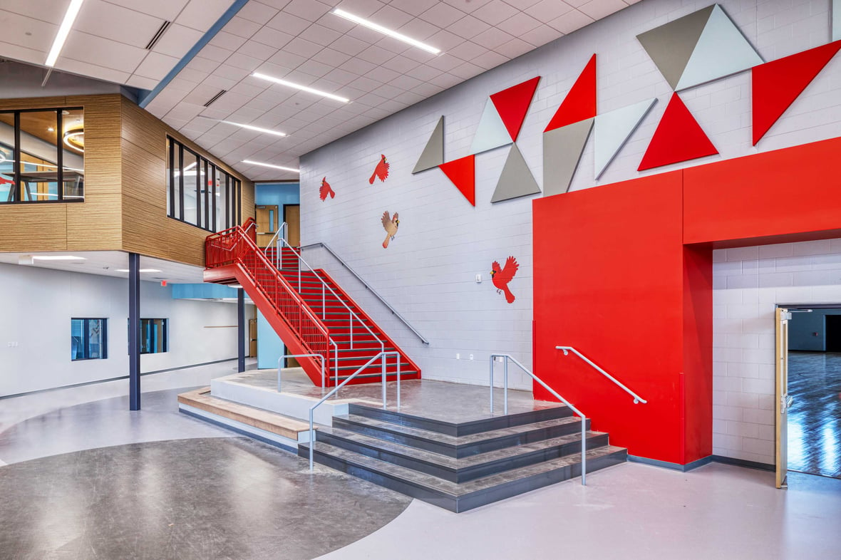 Elementary School stairs and commons area for Columbus School District education construction in Wisconsin