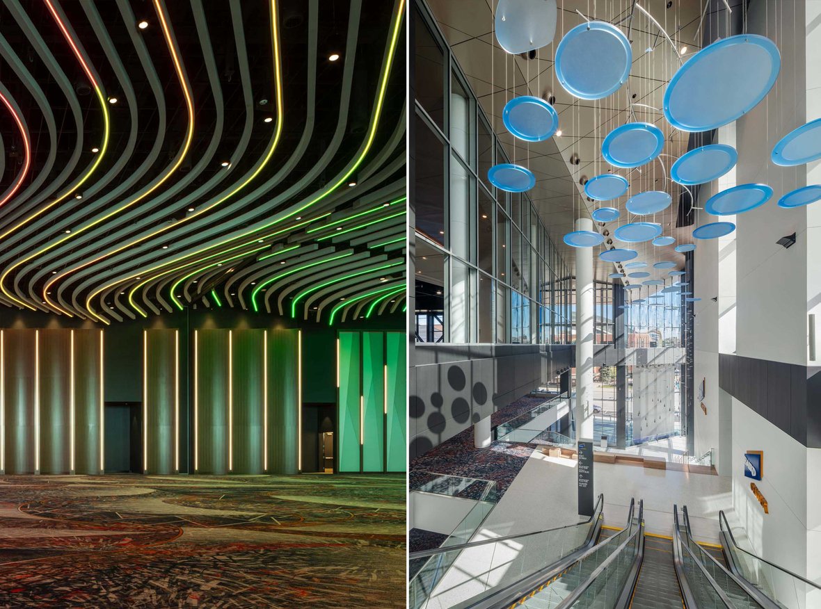Interior LED ceiling and 3-story window entrance Baird Center in Milwaukee Wisconsin CD Smith Construction completed project photo