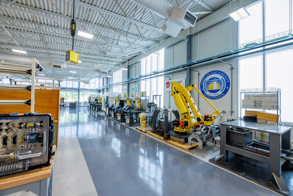 Advanced manufacturing shop space featuring CNC tools and robotics at Moraine Park Technical College AIR Center in Fond du Lac, Wisconsin.