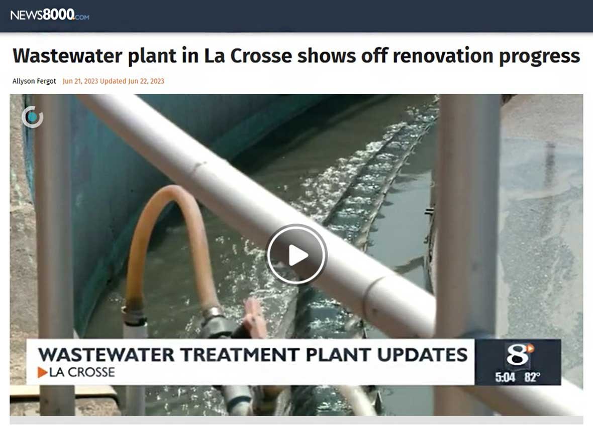 Video screenshot news coverage La Crosse wastewater plant tour with C.D. Smith Construction and WWTF superintendent Jared Greeno