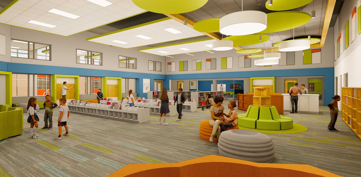Pulaski Community School District Hillside Elementary Project Rendering of Interior Library Renovation Addition with CD Smith Construction Bray Architects in Wisconsin