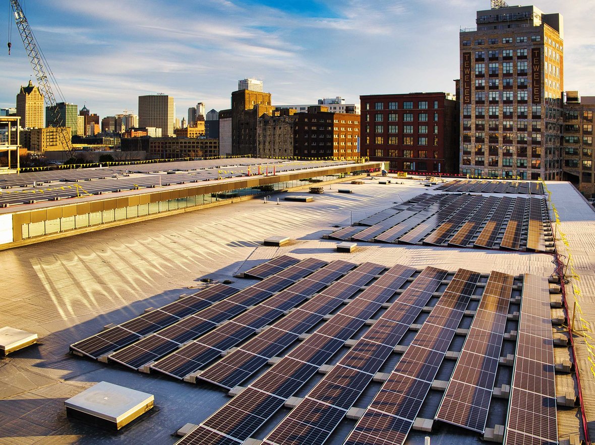 Aerial Footage of solar panels on roof as C.D. Smith Construction is building Rite-Hite's Headquarters in Milwaukee, WI