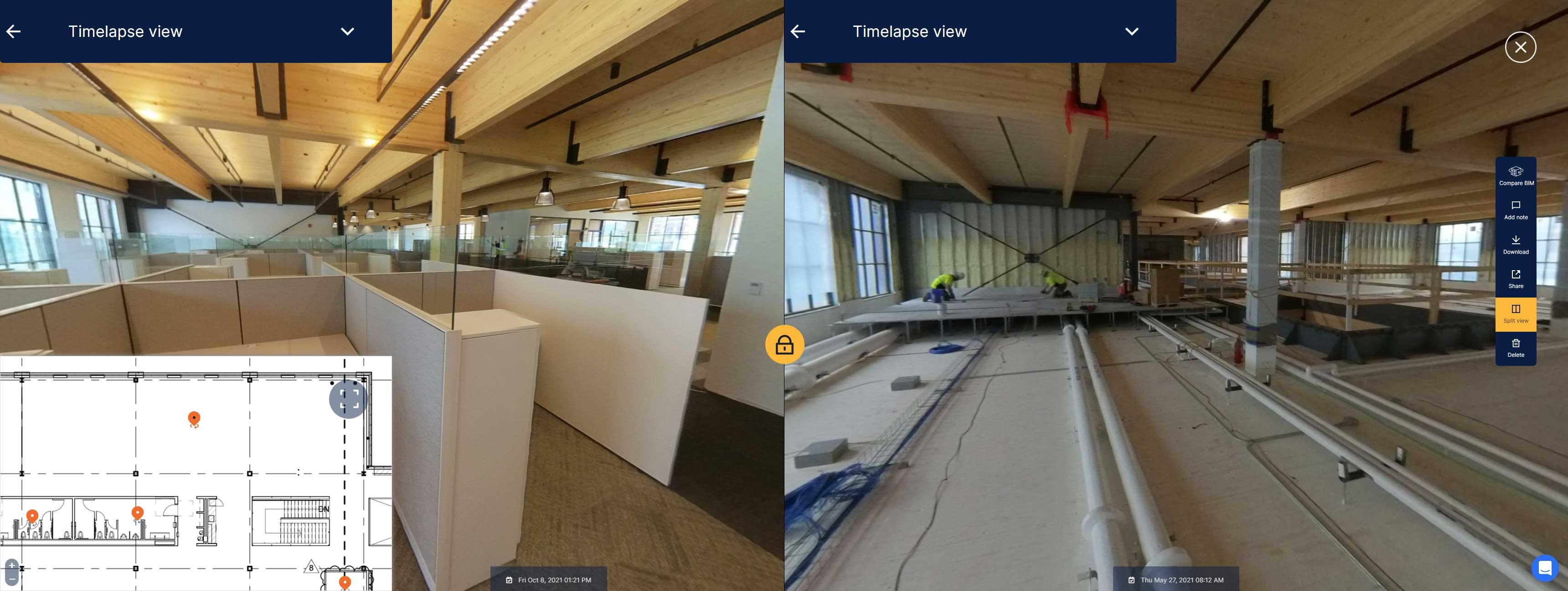 Side-by-side timelapse view of interior office construction in StructionSite to reveal as-built components after covered