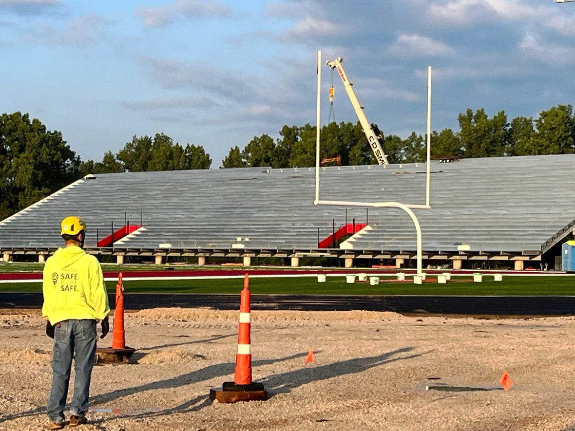 04 Fond du Lac School District Athletic Stadium Construction with CD Smith Crane lifting Press Box into Place-IMG_0972