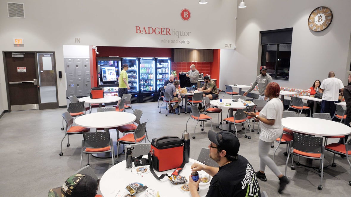 Break room and rest stop lounge area for warehouse staff and truckers at Badger Liquor warehouse built by C.D. Smith Construction
