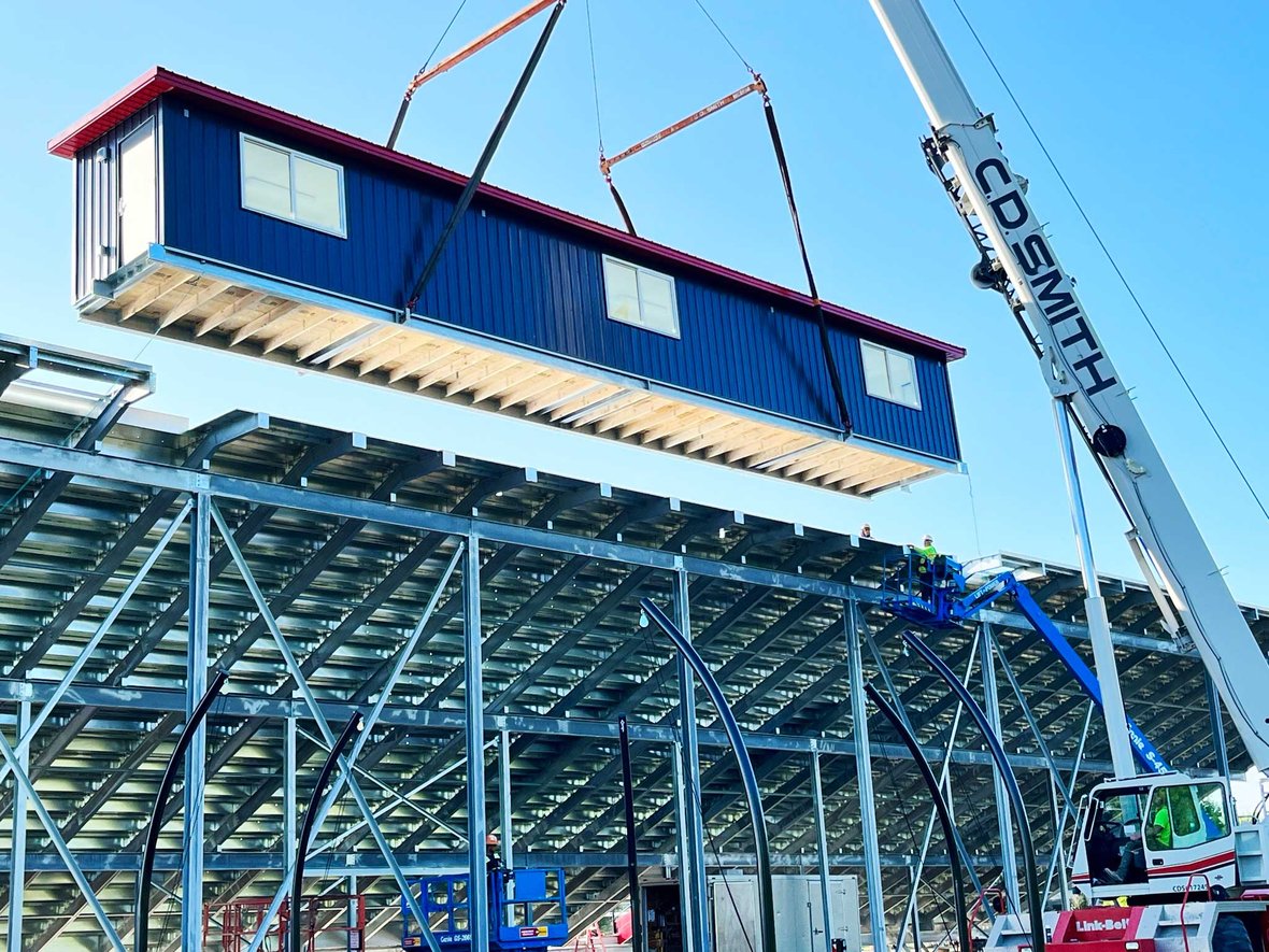 05 Fond du Lac School District Athletic Stadium Construction with CD Smith Crane lifting Press Box into Place-IMG_1140