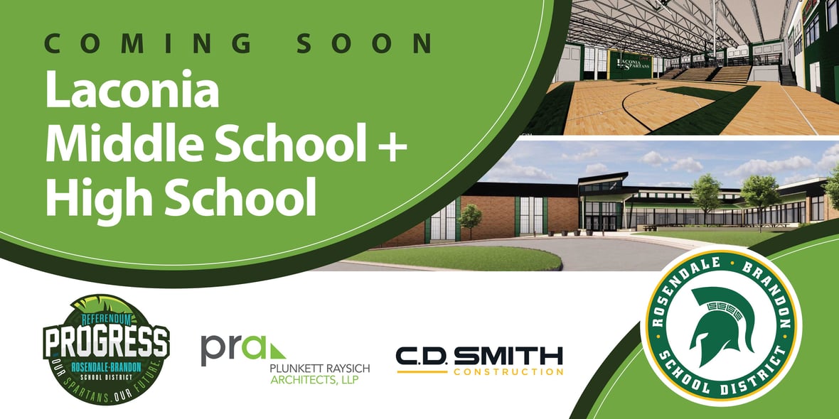 Construction project sign and CD Smith Construction PRA logos and renderings in front of Laconia High School for Rosendale Brandon School District groundbreaking ceremony