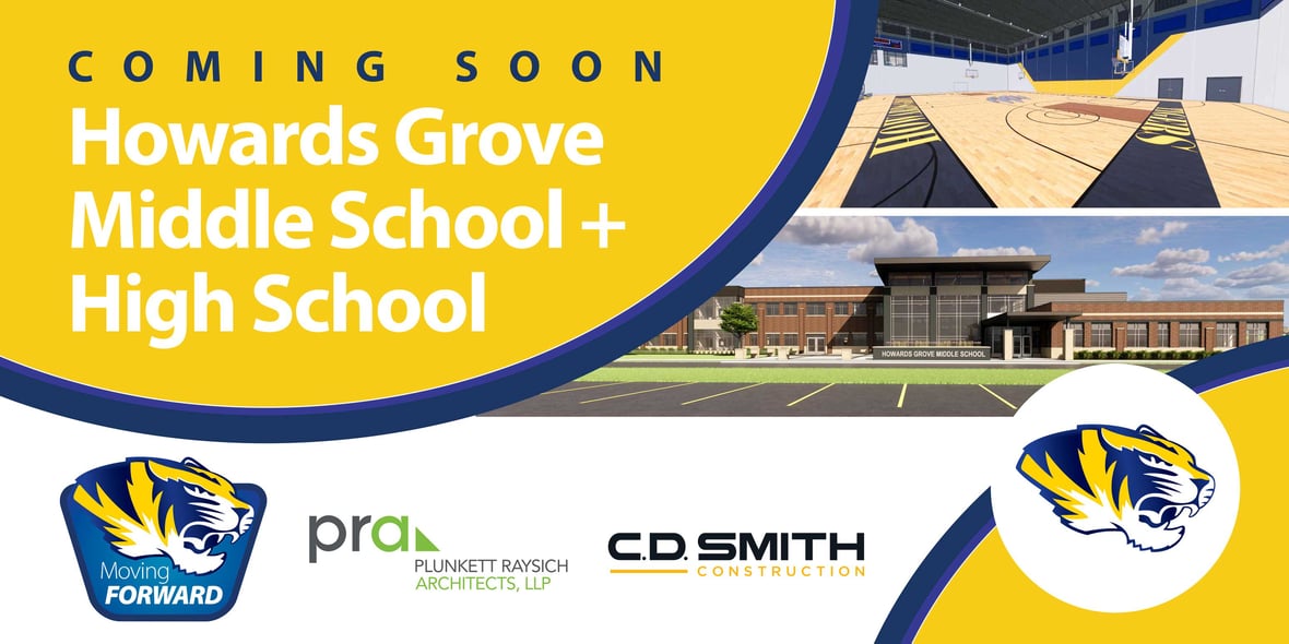 Construction site sign with renderings of Howards Grove Middle School exterior entrance and interior gym with PRA and CD Smith logos and tiger mascot