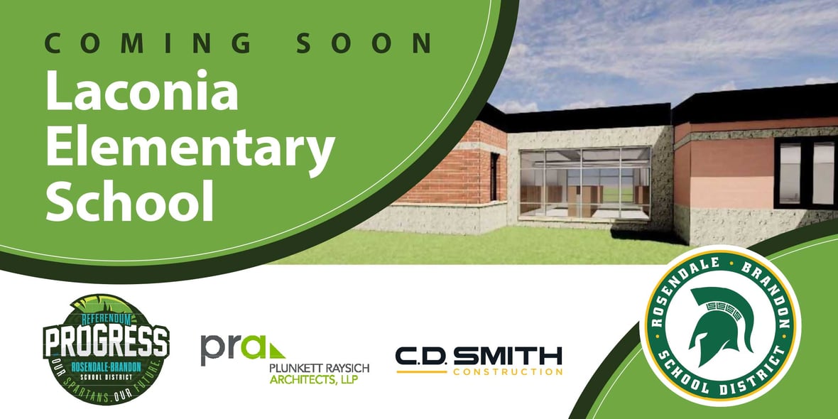 Construction project sign and CD Smith Construction PRA logos and renderings in front of Laconia Elementary School for Rosendale Brandon School District groundbreaking ceremony