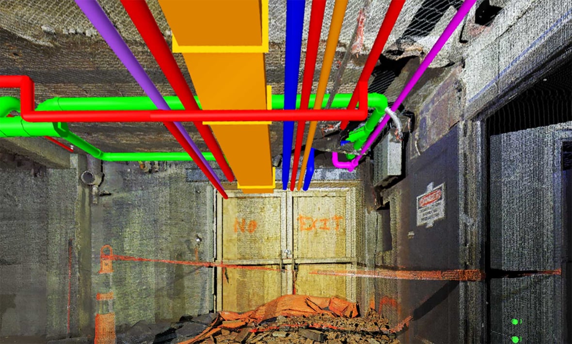 Laser scan of existing with model overlay for trade coordination by C.D. Smith Construction