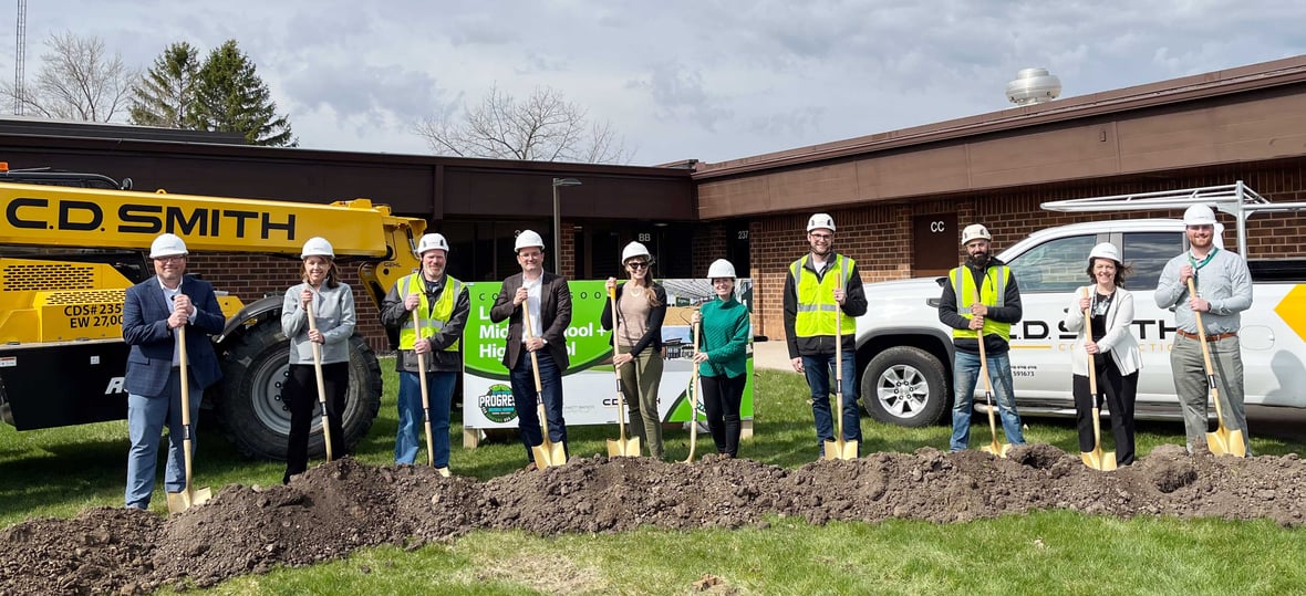 Superintendent with architects and building project team members at Rosendale Brandon School District Laconia Groundbreaking Project with CD Smith Construction