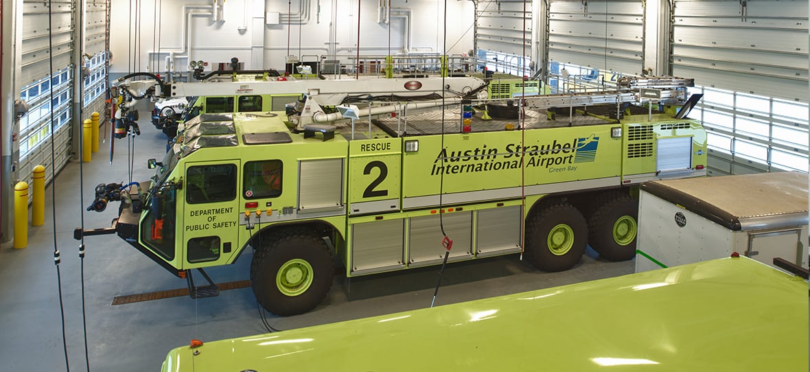 The Austin Straubel Air Fire and Rescue Facility, located in Green Bay, Wisconsin, was constructed by C.D. Smith construction and designed for airport personnel, offices for multiple airlines, six boarding gates, a member's lounge and a children's play area.