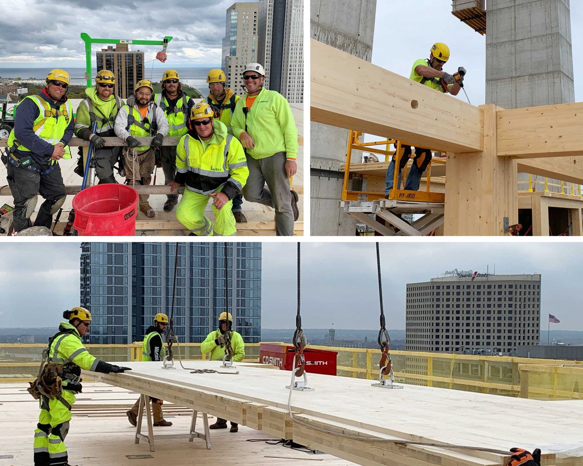 Carpentry crew working on Ascent world's tallest hybrid mass timber tower in Milwaukee Wisconsin