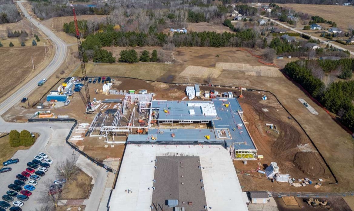 Aerial view of Sunnyside Elementary School during renovation and expansion as part of Pulaski Community School District referendum project