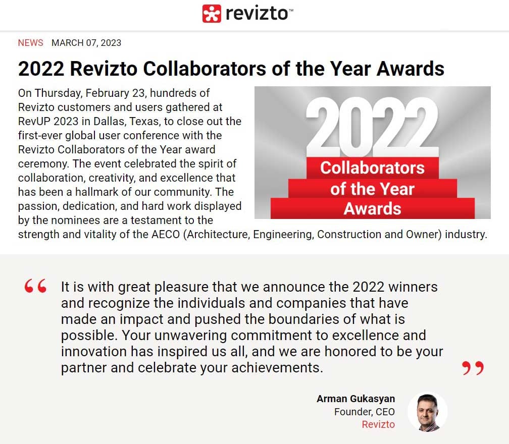 Screenshot of Revizto webpage for Collaborator of the Year Awards