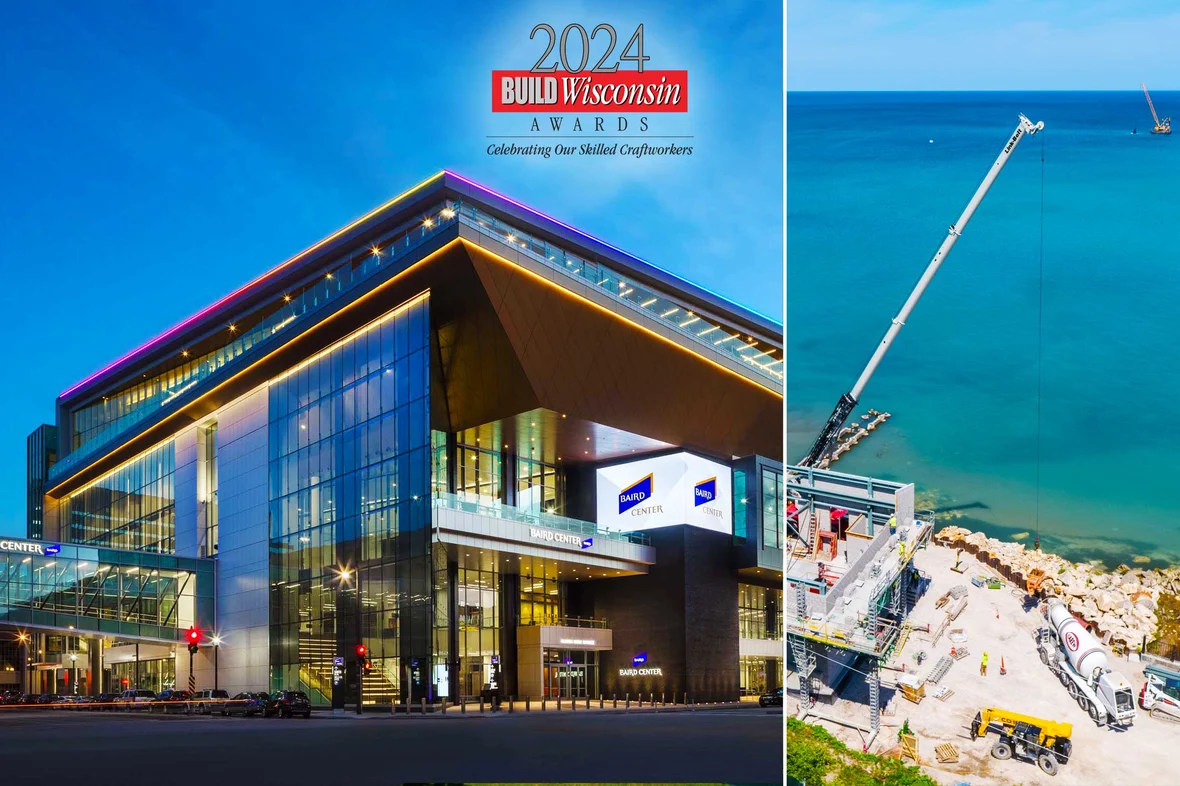 2024 BUILD Wisconsin Awards logo with winning CD Smith Construction projects Baird Center exterior view from street at dusk in Milwaukee and Sheboygan Raw Water Pump Station