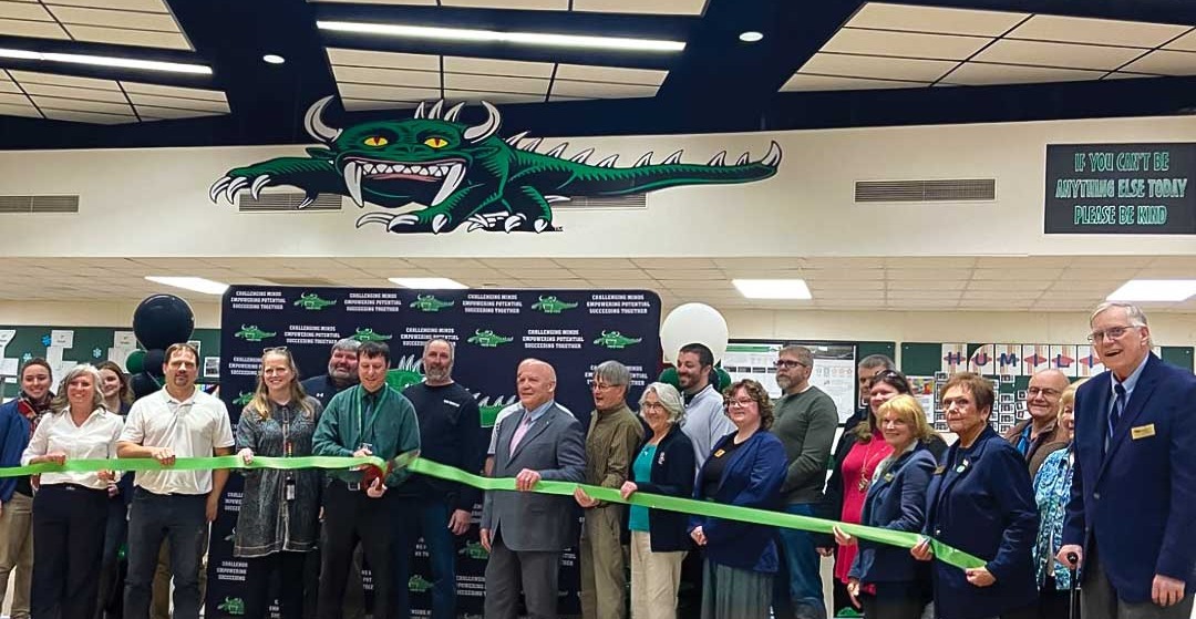 Ribbon cutting ceremony at James Williams Middle School in Rhinelander marking completion of the middle school renovation and addition