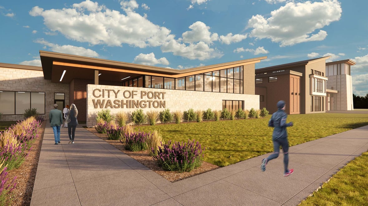 Architectural renderings of Port Washington Public Safety Building—a new police and fire facility in Wisconsin designed for efficiency and growth.