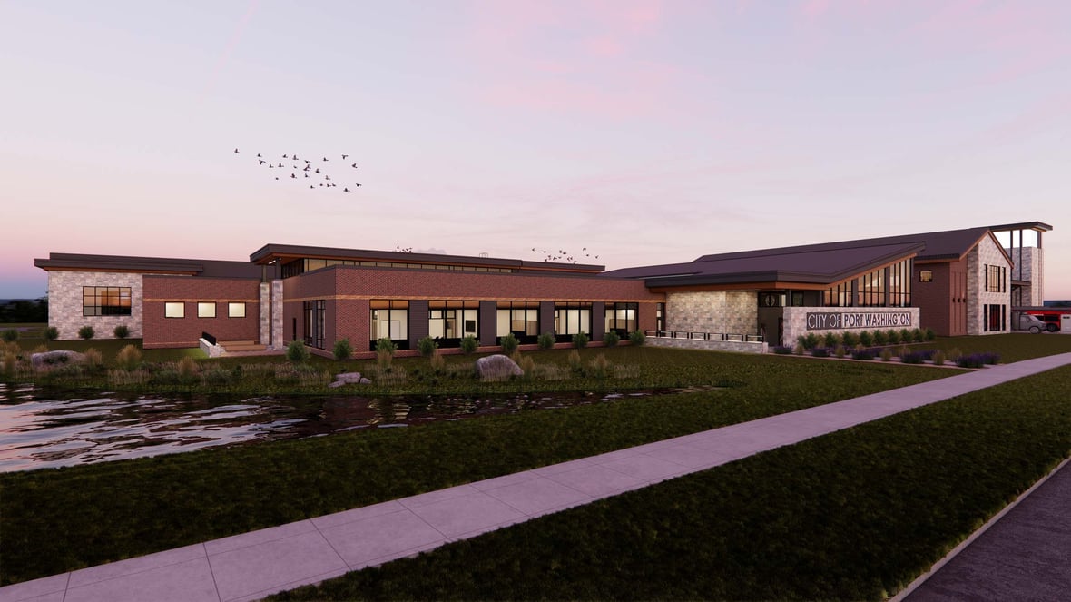 Architectural renderings of Port Washington Public Safety Building—a new police and fire facility in Wisconsin designed for efficiency and growth.