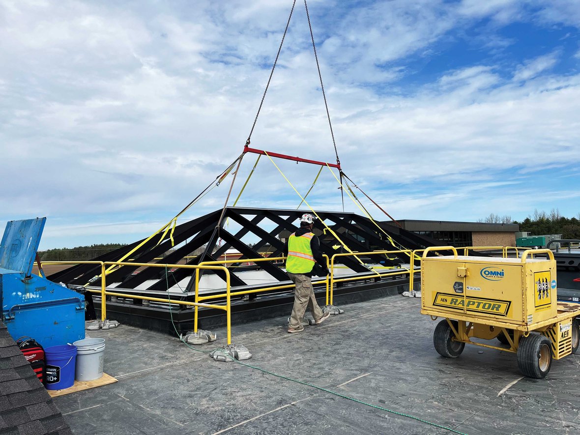 Structural framing for skylight installation at Sunnyside Elementary School prior to glazing