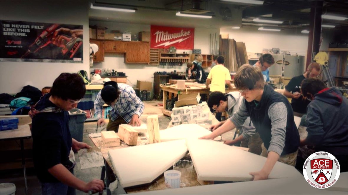 One of the first ACE Academy classes in Wisconsin working on a project in Burlington as part of construction skilled trades program.