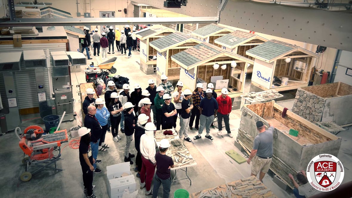 ACE Academy students in Fond du Lac High School facility learning Tyvek exterior framing details as part of Wisconsin's construction training program